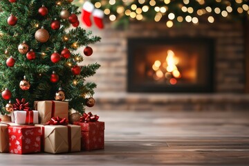 Decorated Christmas tree with wrapped presents at its base, warm fireplace in the background, creating a festive holiday atmosphere