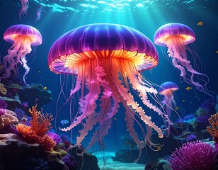 Vivid illustration of jellyfish glowing under ocean light, surrounded by coral. Underwater scene with beams of sunlight