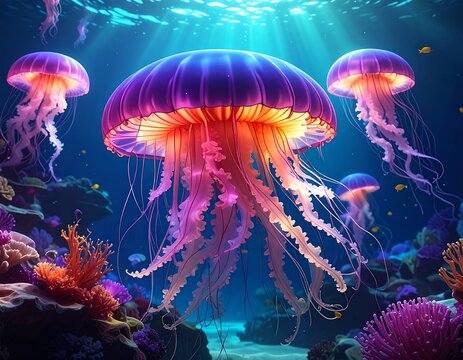 Vivid illustration of jellyfish glowing under ocean light, surrounded by coral. Underwater scene with beams of sunlight