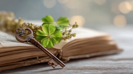 Naklejka premium Saint Patrick's Day Old key on an open book with clover leaves in soft focus background.