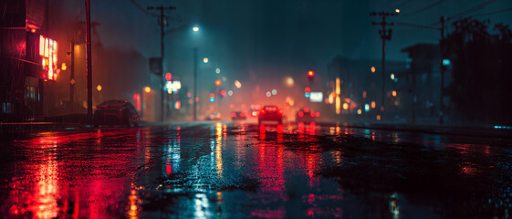 Fototapeta premium Rainy night city street with neon lights reflecting on wet asphalt.