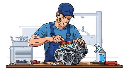 Mechanic Cleaning Engine Parts in Workshop with Tools.