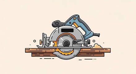 Circular Saw Cutting Wood Illustration with Sparks and Sawdust.