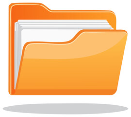 Orange folder with white sheets inside, conceptual business document storage symbol.