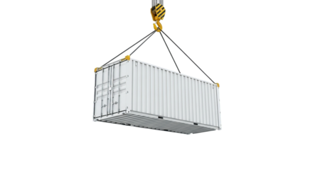 A pristine white cargo container suspends mid-air by a crane hook and cables on black background.