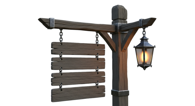 A rustic wooden sign hangs beside a glowing lantern, rendered with detail and digital artistry style