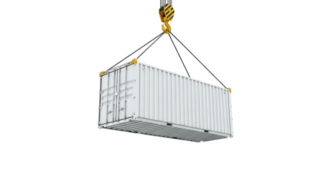 A pristine white cargo container suspends mid-air by a crane hook and cables on black background.