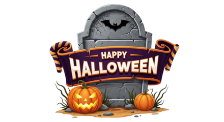 Halloween design features a tombstone, a bat, pumpkins, a banner, and a dark background.