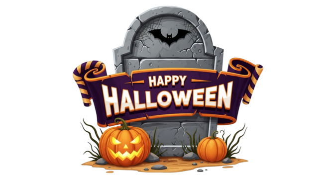 Halloween design features a tombstone, a bat, pumpkins, a banner, and a dark background.
