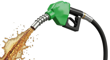 Close-up of gas pump nozzle with golden liquid spraying, showcasing details on handle and hose.