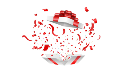 A vibrant white gift box explodes with red confetti, creating a joyous and celebratory mood.