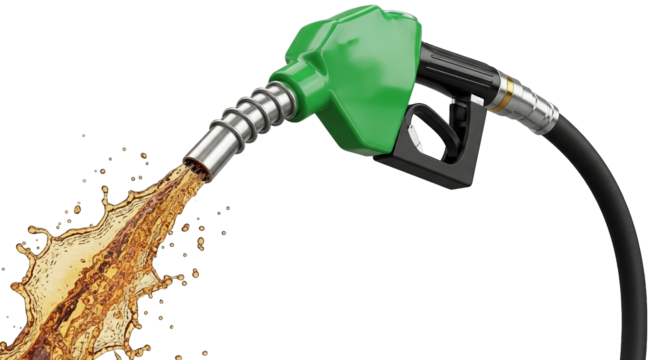 Close-up of gas pump nozzle with golden liquid spraying, showcasing details on handle and hose.