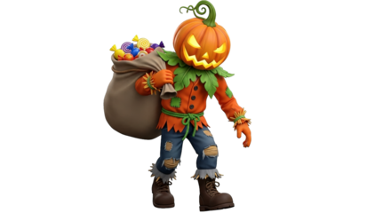 Stylized 3D rendering of a pumpkin-headed character carrying a sack full of Halloween candy.