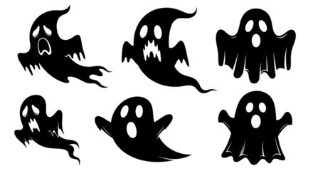 Six white ghost outlines on transparent show spooky spirits for Halloween concepts and designs.