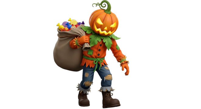 Stylized 3D rendering of a pumpkin-headed character carrying a sack full of Halloween candy.