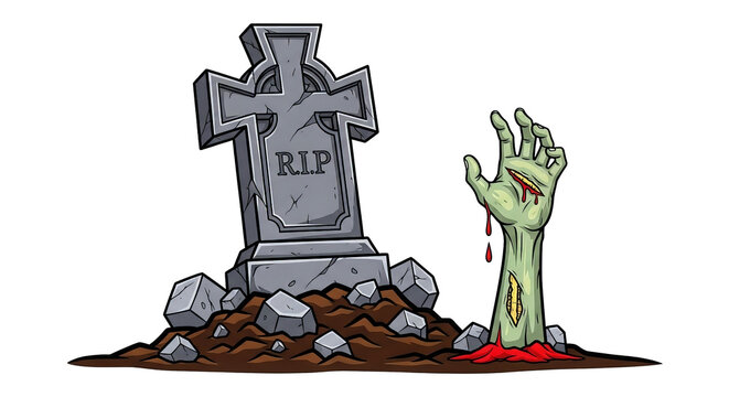 Cartoon illustration of a zombie hand rising from a grave near a tombstone that reads R.I.P. - Powered by Adobe