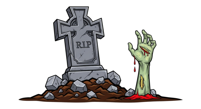 Cartoon illustration of a zombie hand rising from a grave near a tombstone that reads R.I.P.