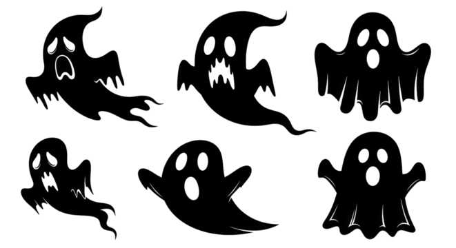 Six white ghost outlines on transparent show spooky spirits for Halloween concepts and designs.