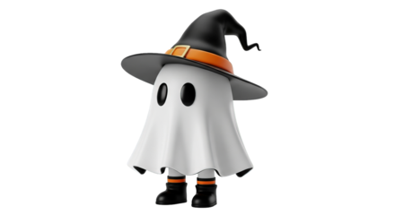 A stylized, 3D rendering of a cute ghost wearing a witch's hat stands playfully against darkness