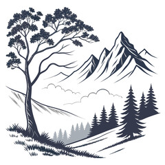 Majestic mountain scenery with pine trees isolated on