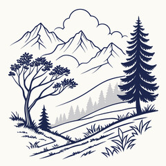 Hand drawn vector illustration of a mountain landscape isolated on