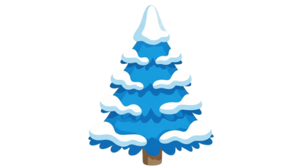 Illustration of a stylized blue evergreen tree covered in soft, white snow against transparence