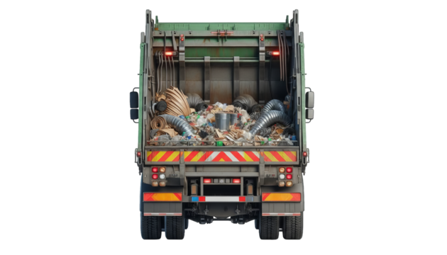 Rear view of a green refuse truck filled with household and municipal waste on transparent