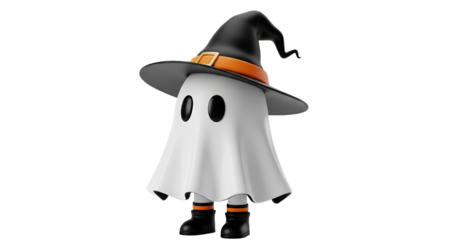 A stylized, 3D rendering of a cute ghost wearing a witch's hat stands playfully against darkness