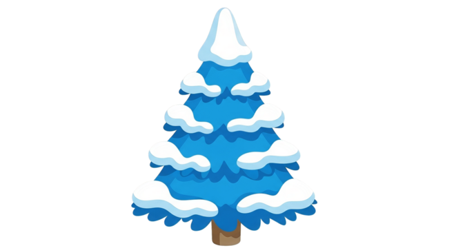 Illustration of a stylized blue evergreen tree covered in soft, white snow against transparence