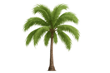 Palm tree with green leaves and brown trunk growing, isolated on a transparent background for tropical designs