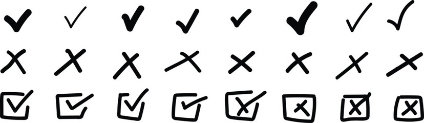 Check tick mark icon set. Cross box x check mark checkbox v list vector draw hand drawn sketch doodle brush marker checklist symbol wrong right circle. Vector Illustration © My Father