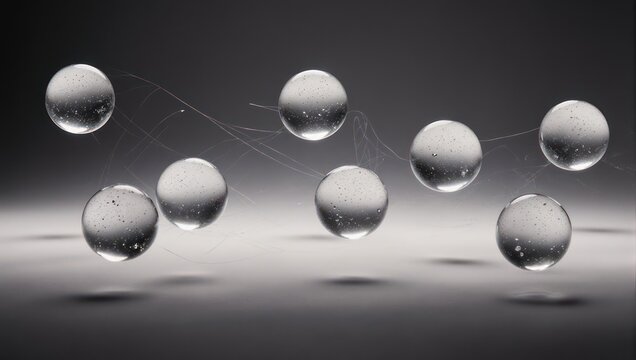 Abstract composition of levitating clear spheres in a minimalist setting.