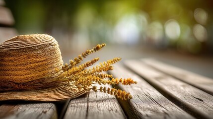 Saint Patrick's Day A straw hat and lavender on a wooden surface in a serene setting.