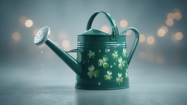 Saint Patrick's Day Vintage watering can with floral design and soft bokeh background. - Powered by Adobe