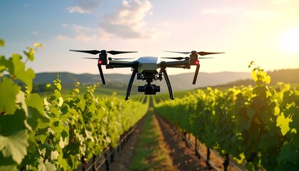 Drone hovering above a green vineyard, bathed in warm sunset