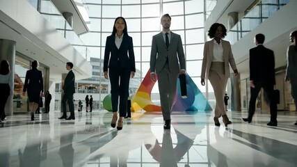 Diverse business professionals stride confidently through a modern, sunlit atrium with vibrant art installations. - Powered by Adobe