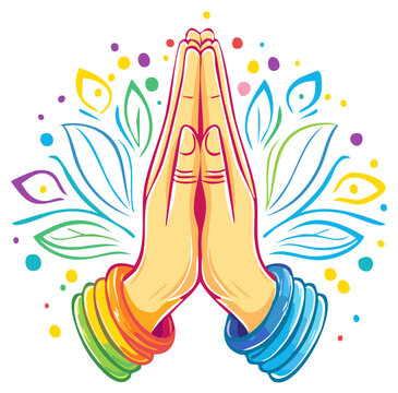 Hands in Prayer Position with Colorful Bracelets and Floral Elements Spiritual Graphic