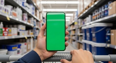 Hand holding a green screen smartphone over a shopping cart in a store aisle