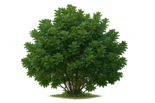 Green deciduous bush, shrub with dense foliage and leaves, transparent background, isolated for architectural landscaping