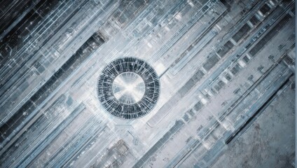 Abstract digital circuit board design with central circular element.