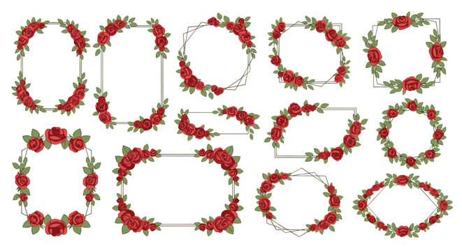 A collection of red rose floral frames with various shapes and geometric accents, suitable for elegant designs.