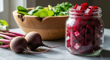 A wooden bowl filled with spinach with a jar of chopped beets on a surface