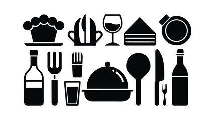 Fototapeta premium Assorted Black Food and Drink Icons and Kitchen Utensil Silhouettes on White restaurant