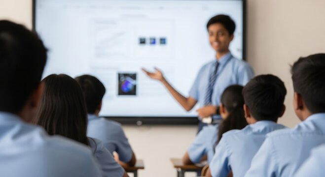Indian student confidently presenting project to classmates in school