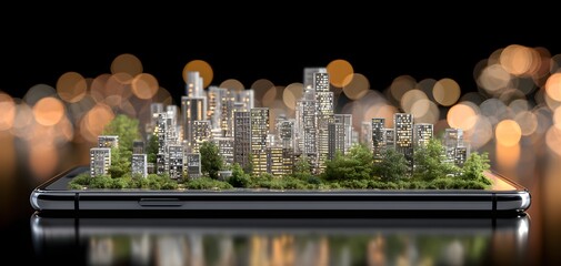 Futuristic city skyline growing from a smartphone screen with lush greenery and bokeh lights