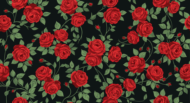 Beautiful seamless pattern of vibrant red roses with green leaves and winding stems on a deep black background, ideal for various design projects.