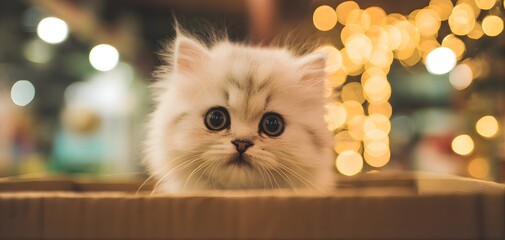 Adorable fluffy kitten with big eyes looking curiously through blurred festive lights