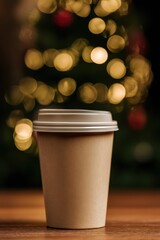 Disposable coffee cup sitting on a wooden surface with a festive background of blurred Christmas lights