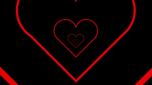 Red Heart Shape Tunnel Illusion with Nested Hearts on animation Black Background love symbol. Animated nested heart illusion, red heart tunnel, glowing love symbol interface, digital motion visuals.