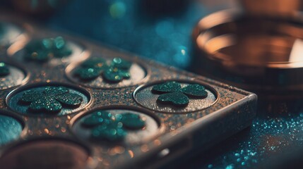 Saint Patrick's Day Vibrant makeup palette with shimmering colors and glimmering textures.